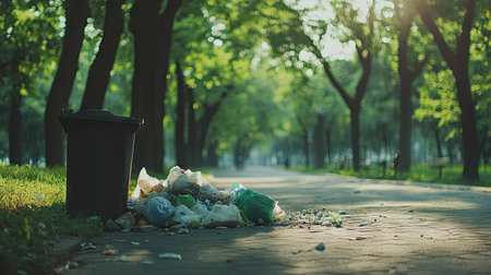 A public waste bin overflowing with litter, surrounded by garbage bags, on a paved path in a green park.の素材