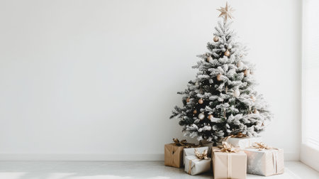 A festive New Year scene featuring a decorated Christmas tree with wrapped gifts beneath, isolated on a clean white background for a vibrant holiday vibe.の素材