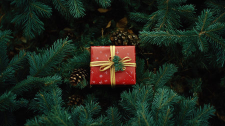 A festive holiday background with a gift box placed near a pine tree, evoking the magic and joy of Christmas celebrations.の素材