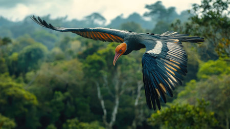 A greater adjutant in flight, its bare head and prominent neck pouch visible as it soars above a forested area.の素材