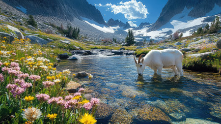 A mountain goat drinking from a crystal-clear alpine stream surrounded by wildflowers.の素材
