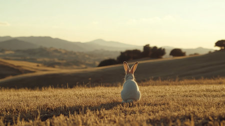 A European rabbit captured in profile, sitting quietly in a field with the rolling hills of the Spanish landscape behind.の素材