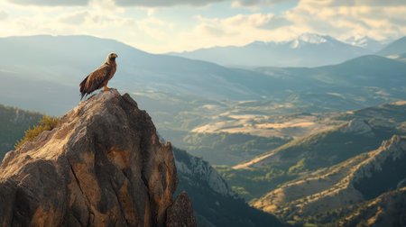 A Griffon vulture perched gracefully on a high vantage point in Gredos, Spain, its portrait radiating strength and elegance.の素材