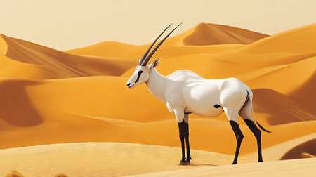 A graceful Arabian oryx standing in the golden dunes of the desert, its long horns and sleek white body shining under the hot sun.の素材