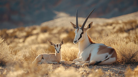 A mother and calf Arabian oryx resting in the shade of a desert bush, the heat of the day reflected in the surrounding dry landscape.の素材