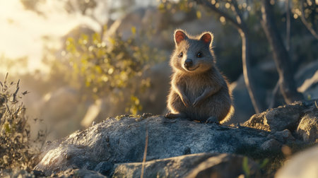 A quokka sitting on a rocky outcrop in a remote island habitat, its cheerful expression brightened by soft sunlight.の素材