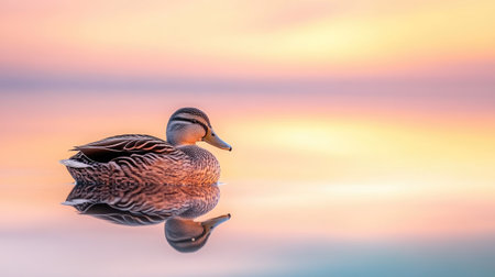 A peaceful scene of a Marbled Duck and its reflection at Fuente de Piedra lagoon, with the vibrant sky painted in sunset hues.の素材