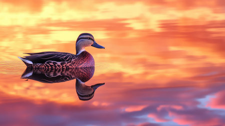 A peaceful scene of a Marbled Duck and its reflection at Fuente de Piedra lagoon, with the vibrant sky painted in sunset hues.の素材