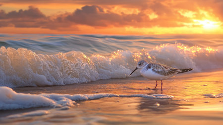 A sanderling feeding at the edge of the surf, with soft waves and vibrant sunset colors framing the scene.の素材