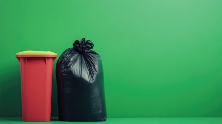A set of recycling bins for food waste and general trash, placed beside a large black garbage bag against a vibrant green wall.の素材