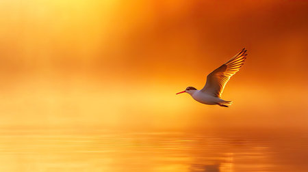 A sanderling captured in a moment of flight at sunset, its wings reflecting the warm light of the horizon.の素材