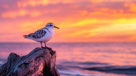 A sanderling perched on a piece of driftwood at sunset, with the calm ocean and colorful skies creating a serene background.の素材