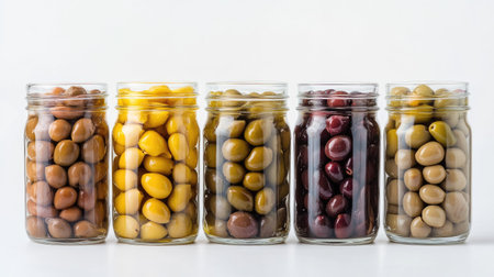 A selection of glass jars filled with various pickled olives, arranged neatly on a white background, showing off the different shapes and colors.の素材