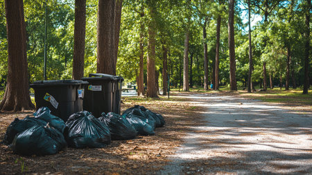 A row of trash bags next to a full park waste bin, placed under the shade of tall trees on a sunny day.の素材