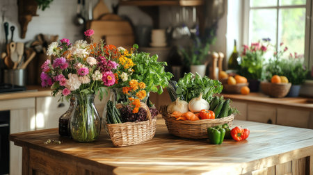 A rustic farm kitchen with wooden countertops, fresh flowers in vases, and a basket of fresh vegetables on the table.の素材