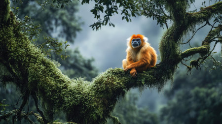 A solitary golden snub-nosed monkey perched on a moss-covered tree in a misty Chinese forest, with its bright orange fur standing out against the greenery.の素材
