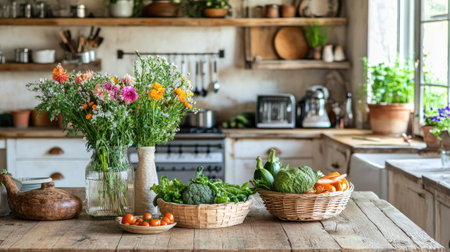 A rustic farm kitchen with wooden countertops, fresh flowers in vases, and a basket of fresh vegetables on the table.の素材