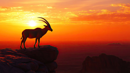 A solitary Nubian ibex standing on a rocky ledge, silhouetted against a vibrant desert sunset.の素材