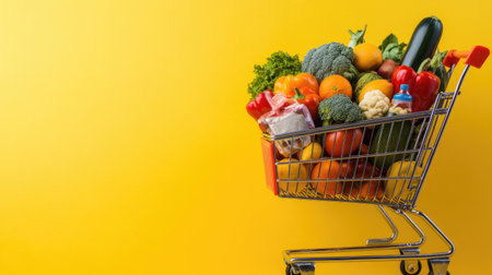 A shopping cart overflowing with fresh fruits, vegetables, and packaged goods, placed against a bright yellow background.の素材