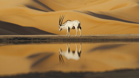 A solitary Arabian oryx standing at the edge of a desert oasis, its majestic presence reflected in the still water.の素材