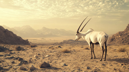 A single Arabian Oryx standing in a dry desert valley, with rocky terrain and the heat shimmering in the distance.の素材