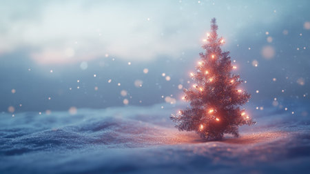 A small decorated Christmas tree with sparkling lights, placed on a snowy background, evoking a cozy, festive holiday vibe with a soft winter glow.の素材
