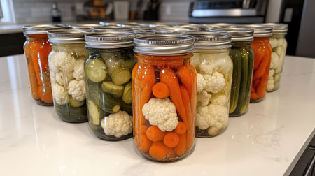 A set of jars containing pickled vegetables such as cauliflower, carrots, and cucumbers, ready for winter storage, placed on a clean white countertop.の素材