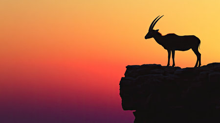 A solitary Nubian ibex standing on a rocky ledge, silhouetted against a vibrant desert sunset.の素材