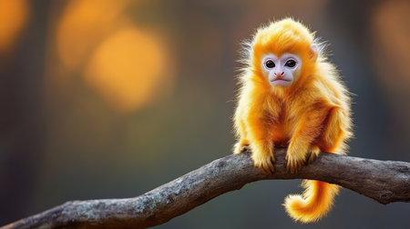 A stunning image of the endangered golden langur, with its vibrant golden fur, gracefully perched on a tree branch in the remote jungles of India.の素材