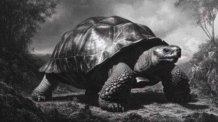 A stunning Galpagos tortoise wandering slowly through its natural habitat, its massive shell and wise eyes embodying the ancient grace of the island's wildlife.の素材