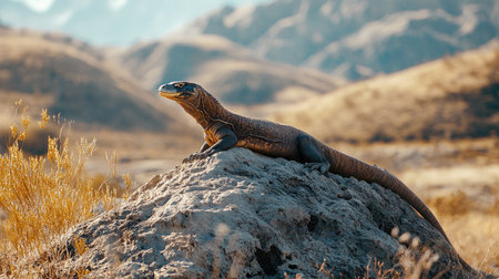 A solitary Komodo dragon lounging on a sun-drenched rock in the remote island of Komodo, its ancient features and scaly skin standing out against the harsh terrain.の素材