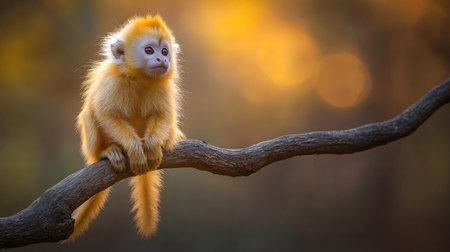A stunning image of the endangered golden langur, with its vibrant golden fur, gracefully perched on a tree branch in the remote jungles of India.の素材