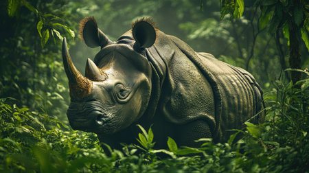 A Javan rhinoceros in the thick Indonesian jungle, its thick skin and large horn marking it as one of the rarest and most powerful creatures on Earth.の素材