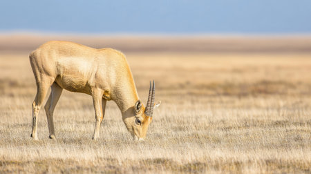 A large and endangered saiga antelope grazing in the open Eurasian steppe, its unique bulbous nose and slender legs making it a rare sight.の素材