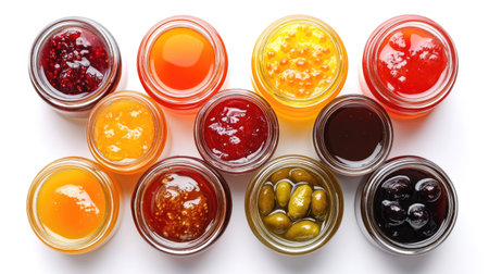 A top view of various glass jars filled with different preserves like fruit jams, pickles, and honey, isolated on a clean white background.の素材