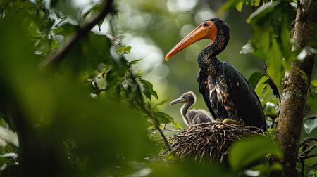 A mother greater adjutant tending to her chick in a treetop nest, framed by dense foliage.の素材
