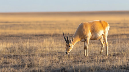 A large and endangered saiga antelope grazing in the open Eurasian steppe, its unique bulbous nose and slender legs making it a rare sight.の素材