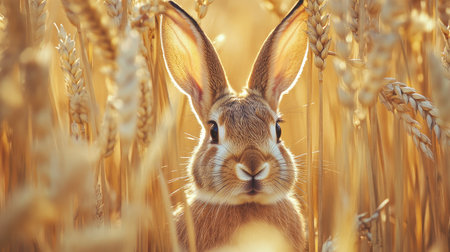 A European rabbit hiding in tall wheat stalks in a sunny Spanish field, with only its ears and eyes visible.の素材