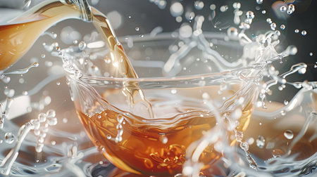 3D close-up of milk being poured into a glass cup of tea, emphasizing the splashes and realistic liquid blending effects.の素材