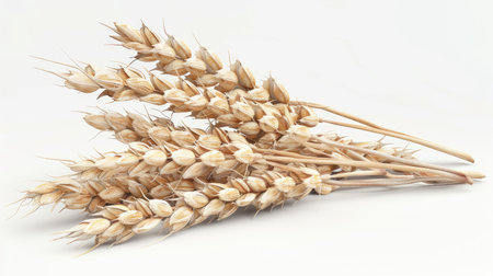 3D close-up of a cluster of wheat grains isolated on a white background, focusing on the texture and subtle color variations with this clear, detailed photo.の素材