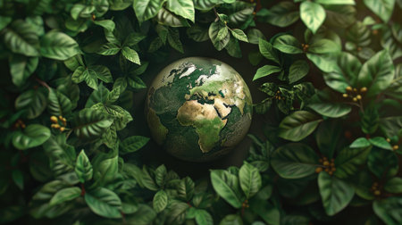 3D depiction of a globe surrounded by green leaves, emphasizing global environmental awareness with this inviting photo.の素材