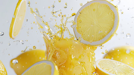 3D close-up of a glass of lemon juice splashing with fresh lemon slices, capturing the vibrant splash and juicy freshness against a white background.の素材