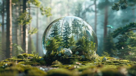3D depiction of a forest encapsulated in a glass dome, highlighting the need for forest conservation with this inviting photo.の素材