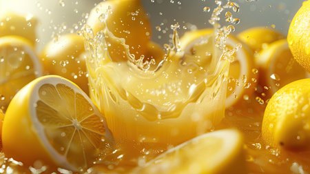 3D close-up of lemon juice splashing in a glass, surrounded by whole lemon fruits, focusing on the refreshing splash and citrusy appeal.の素材