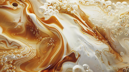 3D close-up of milk mixing with tea in a glass cup, showcasing the swirling patterns and intricate liquid details in high resolution.の素材