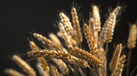 3D close-up of spikelets of wheat against a black background, highlighting the intricate details and golden hues of each spikelet in this striking image.の素材