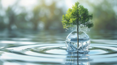3D depiction of a tree growing inside a water droplet, representing water conservation efforts with this inviting photo.の素材