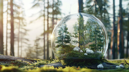 3D depiction of a forest encapsulated in a glass dome, highlighting the need for forest conservation with this inviting photo.の素材