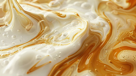 3D close-up of milk mixing with tea in a glass cup, showcasing the swirling patterns and intricate liquid details in high resolution.の素材