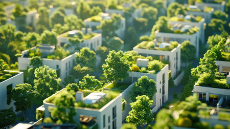3D illustration of a cityscape with green rooftops and trees, highlighting urban environmental sustainability with this inviting photo.の素材